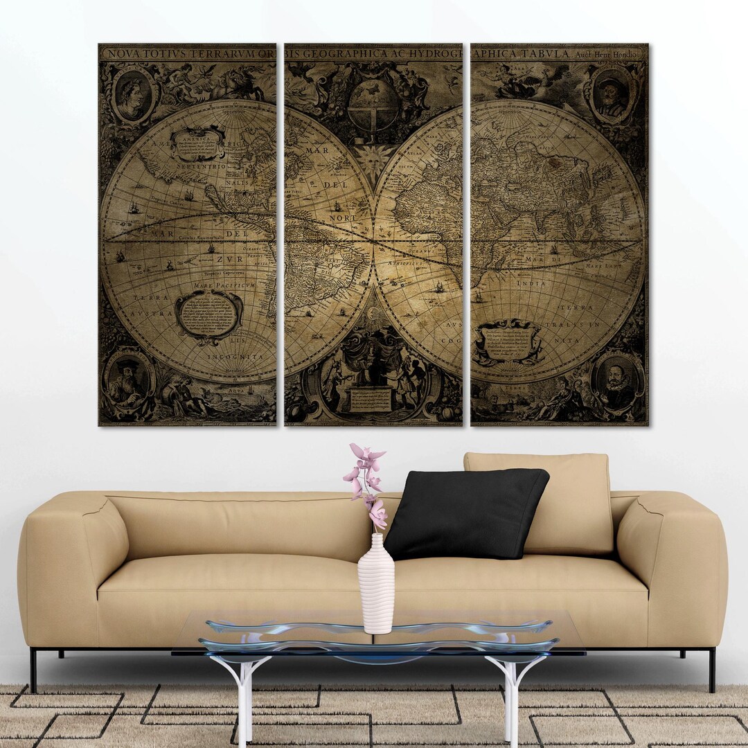 Antique World Map Canvas Art Print Wall Decor, Vintage World Map Framed ...