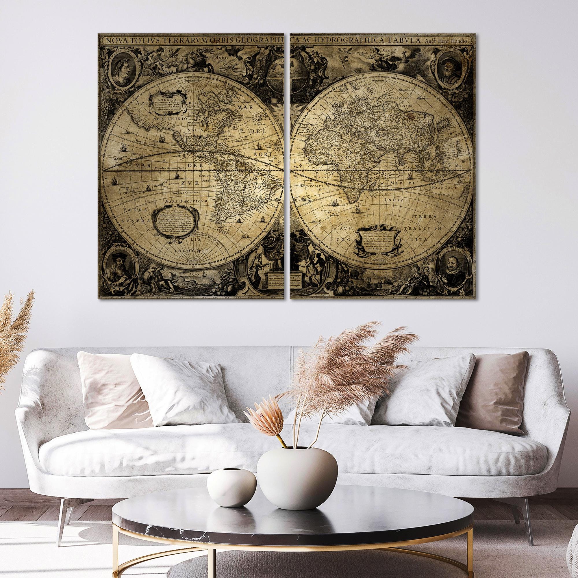 Framed Vintage World Map Canvas Print, Antique Style Large Wall Art - Etsy