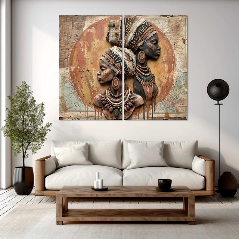 Afrohemian Neutral Wall Art, Boho Large Wall Decor, Black Woman Canvas ...