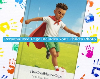 May include: A hardcover book titled The Confidence Cape by Brilliant Brown Books featuring an illustration of a child in a white shirt, green shorts, and a red cape playing soccer on a field. A blue banner states Personalized Page Includes Your Child's Photo.