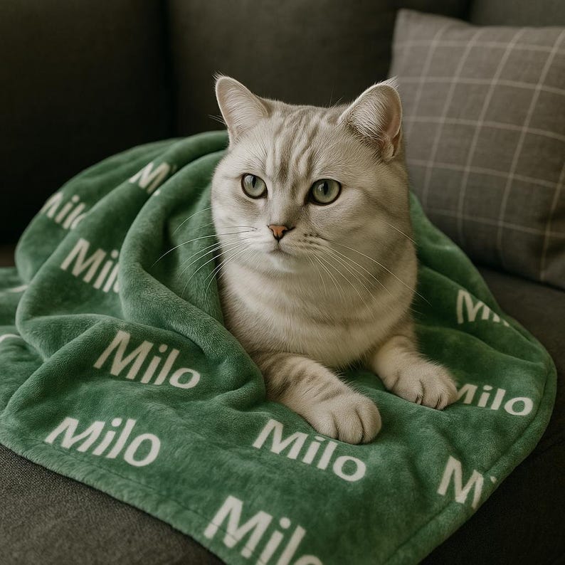 Puede incluir: Un gato atigrado plateado est&aacute; envuelto en una manta verde. La manta est&aacute; impresa con el nombre "Milo" en blanco. El gato tiene ojos verdes y descansa sobre un sof&aacute; gris. Un coj&iacute;n gris a cuadros est&aacute; en el fondo.
