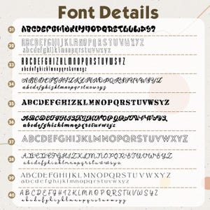 Puede incluir: Gr&aacute;fico beige con el texto "Font Details". Debajo, ejemplos de diferentes fuentes, cada una con letras may&uacute;sculas y min&uacute;sculas. Las fuentes var&iacute;an en estilo, desde negrita hasta cursiva.