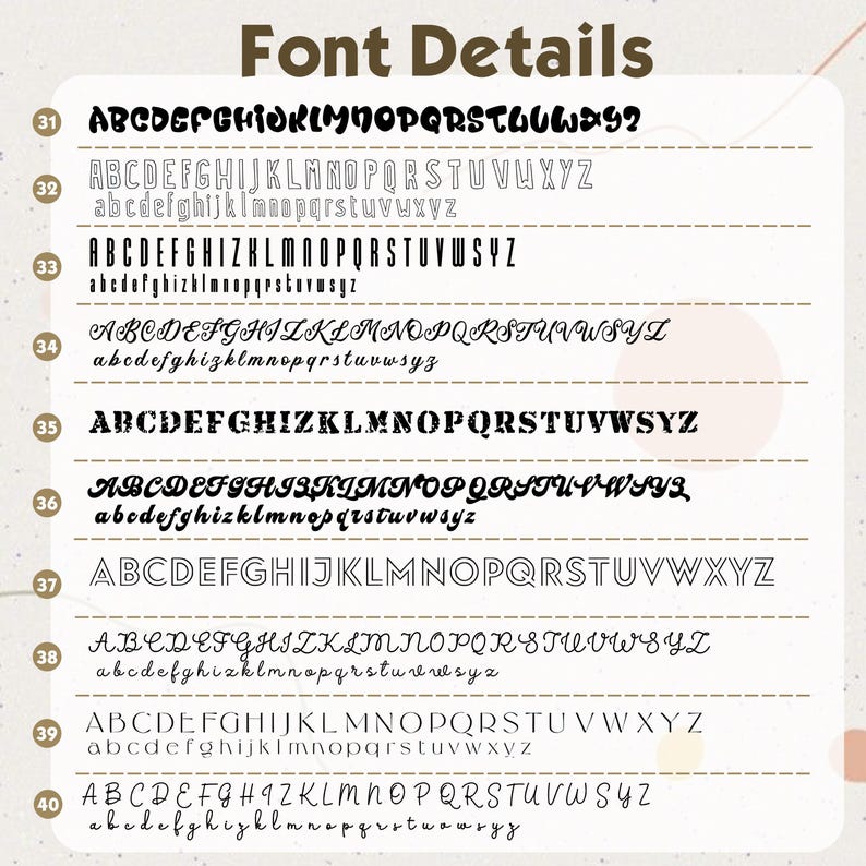 Puede incluir: Gr&aacute;fico beige con el texto "Font Details". Debajo, ejemplos de diferentes fuentes, cada una con letras may&uacute;sculas y min&uacute;sculas. Las fuentes var&iacute;an en estilo, desde negrita hasta cursiva.