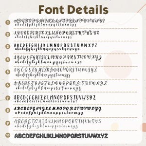 Puede incluir: Imagen que muestra diez estilos de fuente diferentes, cada uno con alfabetos en may&uacute;sculas y min&uacute;sculas. El t&iacute;tulo "Font Details" est&aacute; en la parte superior. Las fuentes var&iacute;an, desde cursiva elegante hasta negrita sin serifa, proporcionando una gu&iacute;a visual para las opciones tipogr&aacute;ficas.