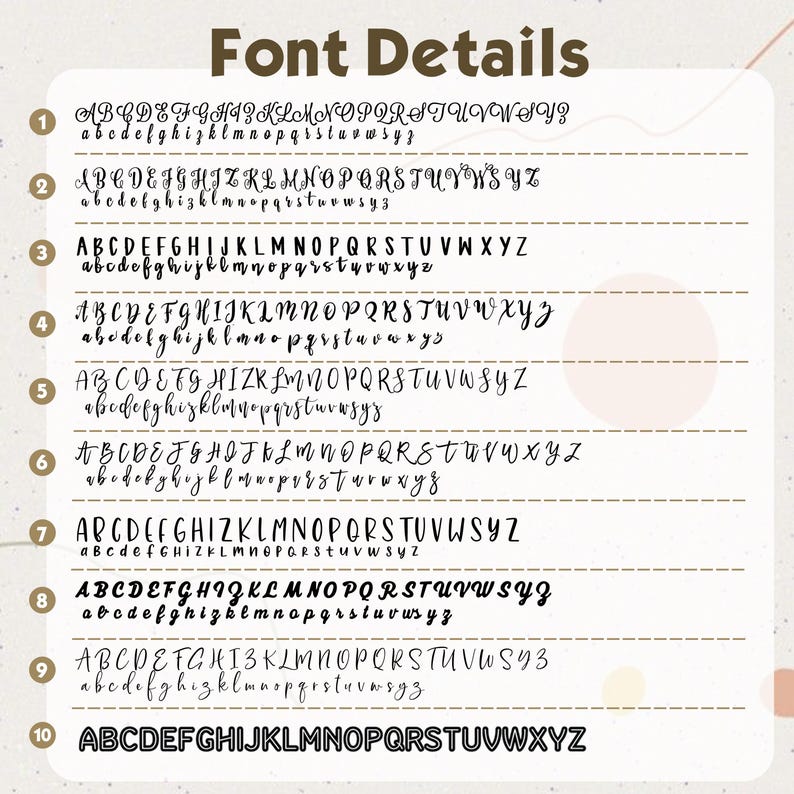 Puede incluir: Imagen que muestra diez estilos de fuente diferentes, cada uno con alfabetos en may&uacute;sculas y min&uacute;sculas. El t&iacute;tulo "Font Details" est&aacute; en la parte superior. Las fuentes var&iacute;an, desde cursiva elegante hasta negrita sin serifa, proporcionando una gu&iacute;a visual para las opciones tipogr&aacute;ficas.