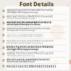 Puede incluir: Gr&aacute;fico que muestra detalles de fuentes, con el t&iacute;tulo "Font Details" en la parte superior. La imagen muestra varios estilos de fuente, cada uno con alfabetos en may&uacute;sculas y min&uacute;sculas. Las fuentes var&iacute;an desde scripts elegantes hasta letras en bloque.