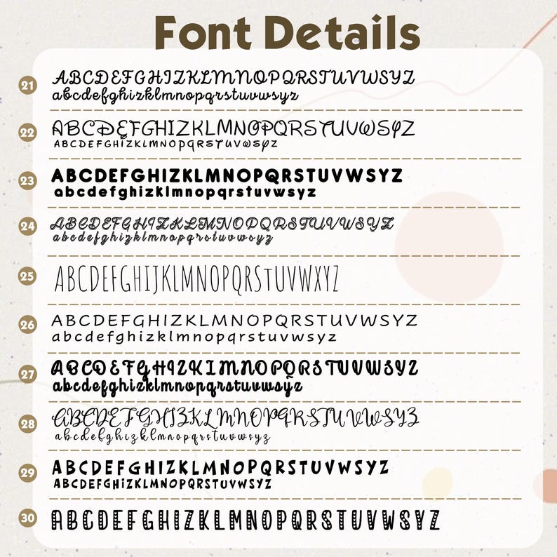 Puede incluir: Gr&aacute;fico que muestra detalles de fuentes, con el t&iacute;tulo "Font Details" en la parte superior. La imagen muestra varios estilos de fuente, cada uno con alfabetos en may&uacute;sculas y min&uacute;sculas. Las fuentes var&iacute;an desde scripts elegantes hasta letras en bloque.