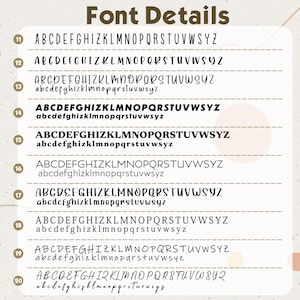 Puede incluir: Imagen que muestra detalles de fuentes, titulada "Font Details". La imagen presenta varios estilos de fuente, cada uno con alfabetos en may&uacute;sculas y min&uacute;sculas, numerados del 11 al 20, ofreciendo una gu&iacute;a visual de diferentes opciones tipogr&aacute;ficas.