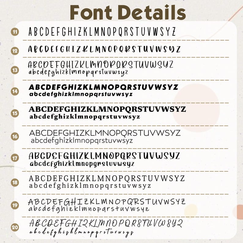 Puede incluir: Imagen que muestra detalles de fuentes, titulada "Font Details". La imagen presenta varios estilos de fuente, cada uno con alfabetos en may&uacute;sculas y min&uacute;sculas, numerados del 11 al 20, ofreciendo una gu&iacute;a visual de diferentes opciones tipogr&aacute;ficas.
