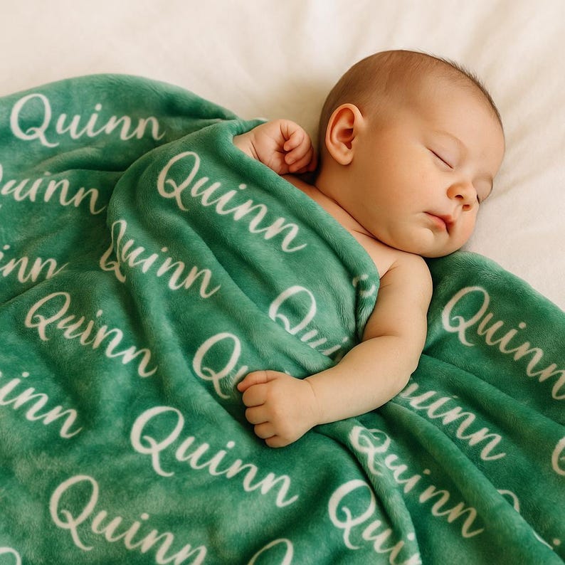 K&ouml;nnte beinhalten: Ein schlafendes Baby ist in eine weiche, gr&uuml;ne Decke geh&uuml;llt. Die Decke ist mit dem Namen "Quinn" in wei&szlig;er, kursiver Schrift bedruckt. Das Baby liegt auf einer wei&szlig;en Oberfl&auml;che.