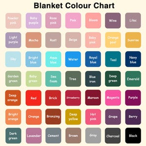 Puede incluir: Una carta de colores para mantas, con una cuadr&iacute;cula de 48 muestras de color. Cada muestra muestra un nombre de color diferente, incluyendo tonos de rosa, azul, verde, naranja y morado. El texto "Blanket Colour Chart" est&aacute; en la parte superior.