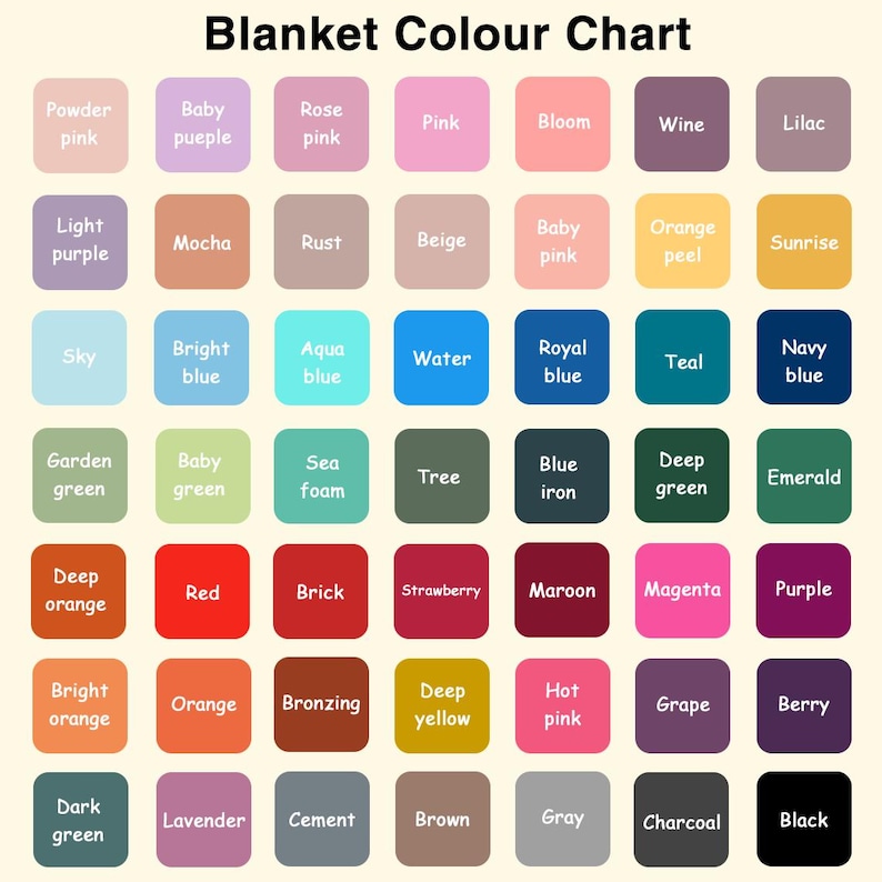 Puede incluir: Una carta de colores para mantas, con una cuadr&iacute;cula de 48 muestras de color. Cada muestra muestra un nombre de color diferente, incluyendo tonos de rosa, azul, verde, naranja y morado. El texto "Blanket Colour Chart" est&aacute; en la parte superior.