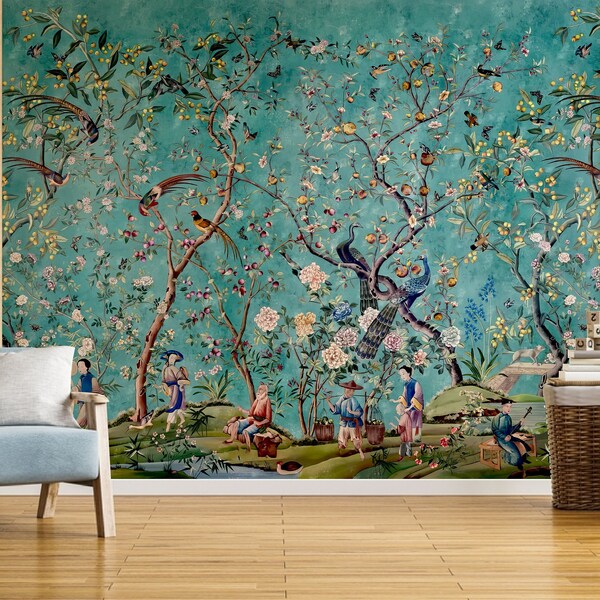 Teal Chinoiserie Wallpaper, Peel and Stick Wallpaper, Renter Friendly Forest Wallpaper, Removable Wallart