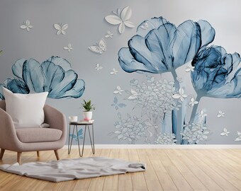 Butterfly Wallpaper White, Blue Floral Wall Art, Botanical Wall Mural Renters friendly, Peel and Stick Wall Decor