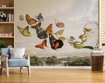 Fondo de pantalla de mariposas de Fairyland, fondo de pantalla de mariposas estéticas, decoración maximalista de la pared del cielo para la guardería
