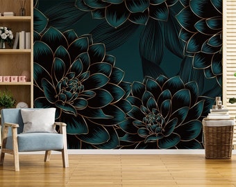 Wallpaper Dark Floral, Abnehmbare Gothic Tapete, Gothic Wanddekor, Dunkelgrünes Wandbild