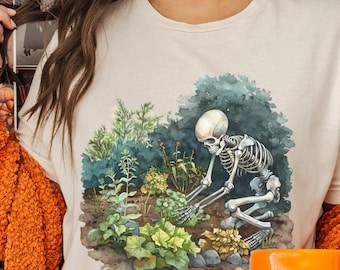 Botanical Skeleton Gardening T-Shirt, Spooky Garden Shirt, Gothic Cottage core Halloween Shirt, Witchy Gardener