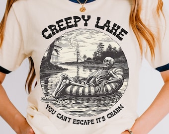 Creepy Lake Skeleton Ringer Tee, Summerween Skeleton Shirts, Lakeside Shirts, Funny Summer Shirts, Horror Shirt, Spooky Era