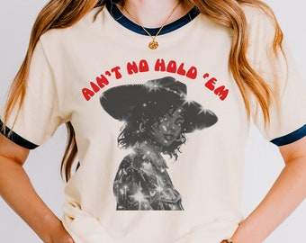 Ain't No Hold 'Em Cowgirl Ringer Tshirt, Disco Cowgirl Grafik T-Shirt, Texas Cowgirl Retro, Geschenke für sie, Western Trendy