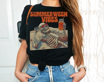 Summerween Vibes Skeleton Beach Tshirt, Pool Party Shirt, Halloween Pool Party, Spooky Summer, Gifts for Her