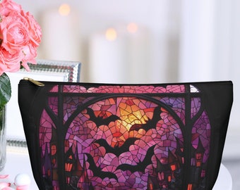 Pink Halloween Bats Makeup Bag: Faux Stained Glass Gothic Cosmetic Travel Carry-On Pouch