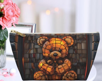 Coquette cosmeticatas met gebrandschilderd glas teddybeer | Make-uptasje schattige beer | Bruin etui met glas-in-lood | Vakantiecadeau | Knuffelbeer | Coquette