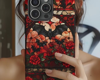 Halloween Rote Rosen & Fledermäuse Stained Glass iPhone Handyhülle: Gothic Style Handyhülle