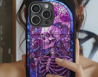 Floral Purple Skeleton Stained Glass iPhone Case | Purple Phone Case | Gothic Stained Gloss | Holiday Gifting | Unique Phone Case | Gifting