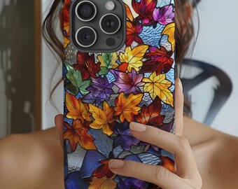 Vibrant Autumn Foliage Stained Glass iPhone Case: Fall Leaves Gothic Mobile Cover