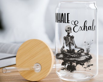 Inhale Exhale Skeleton Pond Reflection Sipper Glass, Mental Health Advocate Glassware, Gifts for Her, Gift for Them, Halloween Glassware