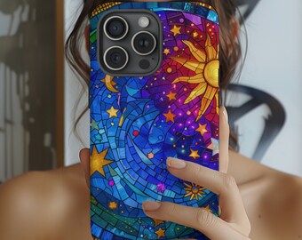 Funda para iPhone con vitrales celestiales / Funda para iPhone con vitrales de sol y estrellas / Funda etérea para iPhone / Regalos para ella / Vitrales con estrellas