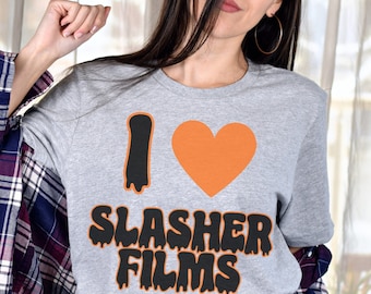 Uwielbiam filmy slasher - koszulka dla fanów horrorów, pomarańczowa czcionka halloween slime, koszulka Summerween, miłośnik horrorów, gotycka laska, horrory, prezenty