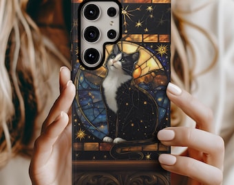 Stained Glass Black Cat Phone Case: Celestial Kitten Cat Mom Mobile Cover