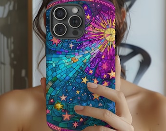 Funda para iPhone con vitrales celestiales / Funda para iPhone con vitrales de sol y estrellas / Funda etérea para iPhone / Regalos para ella / Vitrales con estrellas