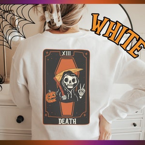 Die Todeskarte Halloween Unisex Rundhals-Sweatshirt, Tarot Karte Sweatshirt, Süßer Halloween Pullover, Skeleton Death Pullover, Geschenk, Schenken