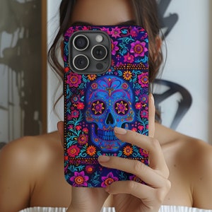 Neon Sugar Skull Floral iPhone Case, Dia De Los Muertos Art Phone Case, Neon Sugar Skull, Dia De Los Muertos Neon, Regalos para ella, Regalos