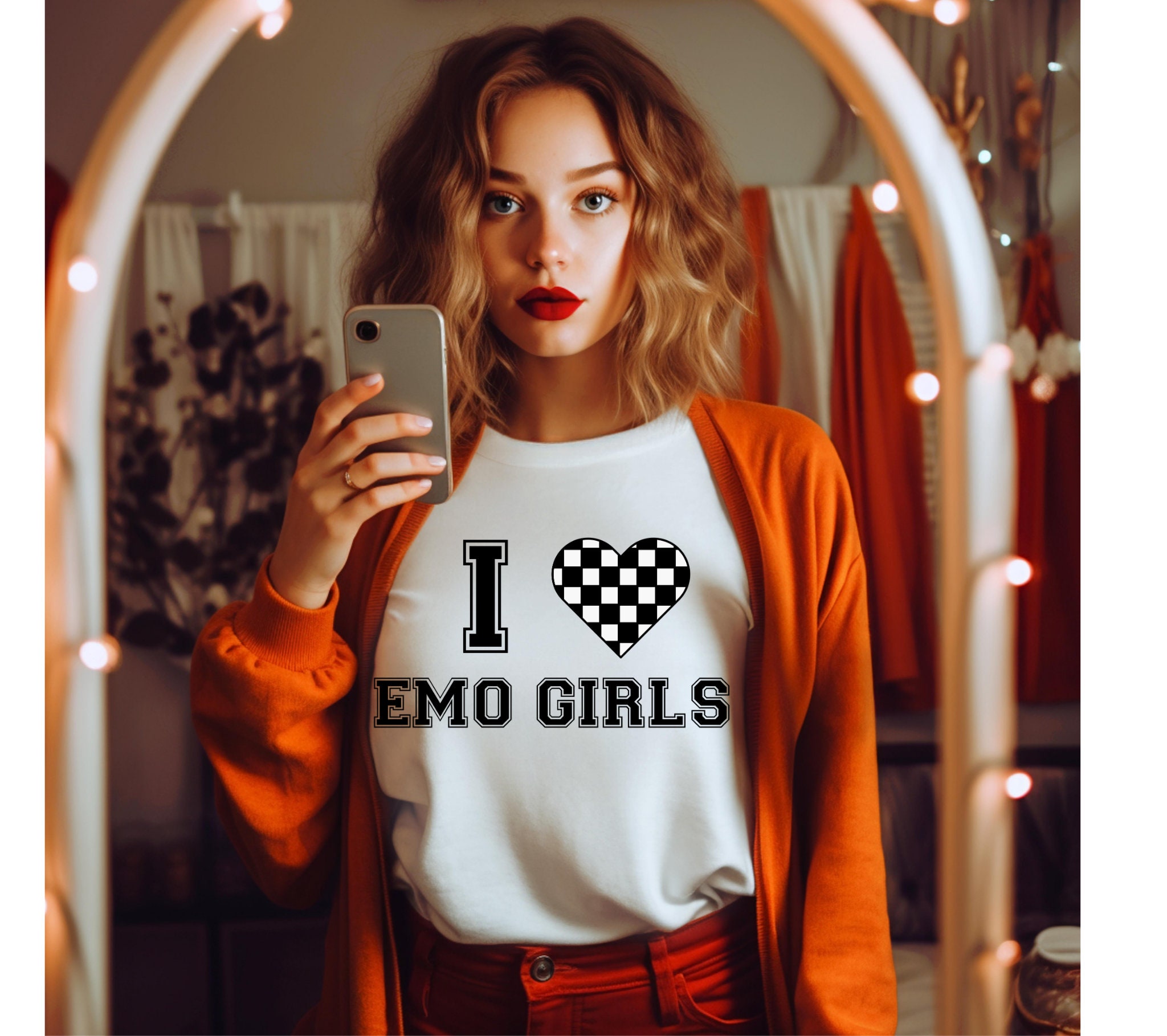 I Love Emo Girls T-shirt, Checkered Heart Graphic Tee, Y2K Emo