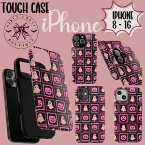 May include: Black iPhone cases with a pink Halloween pattern of ghosts and jack-o'-lanterns. The cases are labeled "iPhone 8-16" and "Tough Case" with the "Girly Ghoul Boutique" logo.