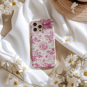 May include: A white and pink floral phone case with a tiled pattern. The case has a camera cutout and is designed for a smartphone.