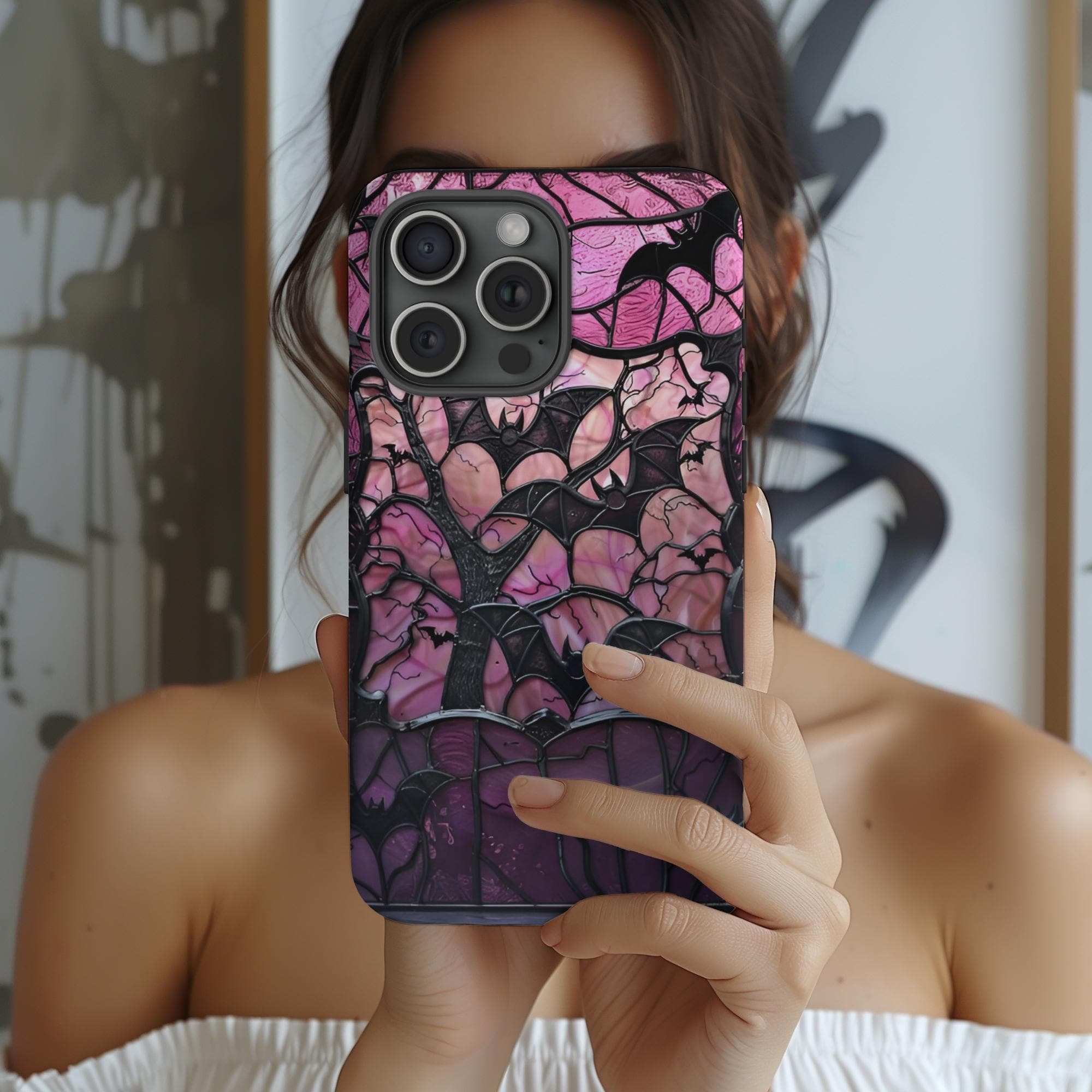 Pink Vampire Bat Stained Glass Phone Case | Pink & Black Stained Glass | iPhone Samsung Galaxy | Pink Gothic Bats Stained Glass Phone Case |