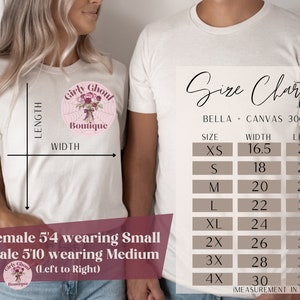 May include: Size chart for Bella + Canvas 3001 t-shirts, showing width and length measurements in inches for sizes XS to 4X. The chart is printed on a white t-shirt.