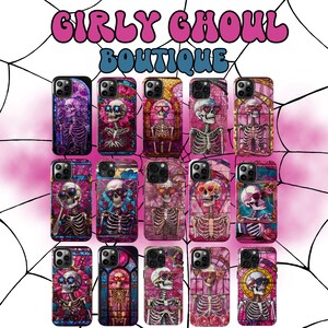 May include: A collection of 12 colorful phone cases featuring a skeleton wearing sunglasses and a heart-shaped design. The cases are all in a stained glass style with pink, blue, and green accents. The text "Girly Ghoul Boutique" is displayed at the top of the image.