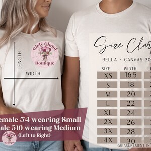 May include: Size chart for Bella + Canvas 3001 t-shirts, showing width and length measurements in inches for sizes XS to 4X. The chart is printed on a white t-shirt.