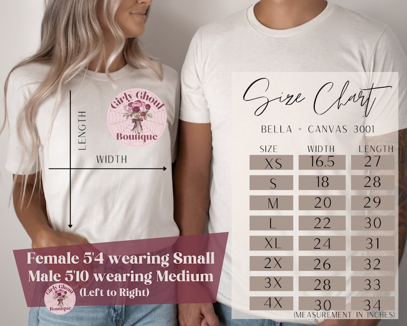 May include: Size chart for Bella + Canvas 3001 t-shirts, showing width and length measurements in inches for sizes XS to 4X. The chart is printed on a white t-shirt.