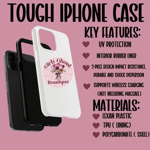May include: A white iPhone case with a pink and black spiderweb design featuring the text "Girly Ghoul Boutique". The case is advertised as tough and includes features like UV protection, interior rubber liner, 2-piece design for impact resistance, wireless charging, and materials like Lexan plastic, TPU, and polycarbonate.