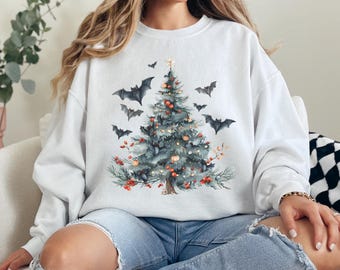 Straszny świąteczny sweter: Gotycki sweter z motywem choinki | Bluza z motywem Wesołych Świąt | Bluza z okrągłym dekoltem dla miłośników Halloween |