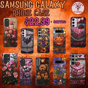 May include: A set of ten different Samsung Galaxy phone cases featuring stained glass designs. The designs include a bat, a butterfly, a pumpkin, a heart-shaped cake, a bouquet of roses, a teddy bear, and a candy cane. The cases are all black and feature a variety of colors.