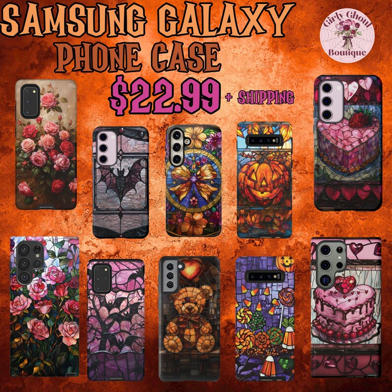 May include: A set of ten different Samsung Galaxy phone cases featuring stained glass designs. The designs include a bat, a butterfly, a pumpkin, a heart-shaped cake, a bouquet of roses, a teddy bear, and a candy cane. The cases are all black and feature a variety of colors.