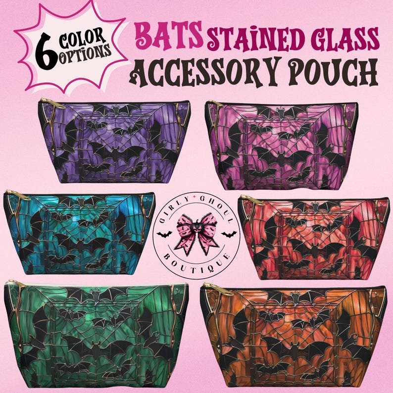 May include: Six colour options of a stained glass bat design accessory pouch. The pouch is black with a gold zipper and features a stained glass design of bats and spiderwebs. The pouch is available in purple, pink, teal, green, red, and orange.