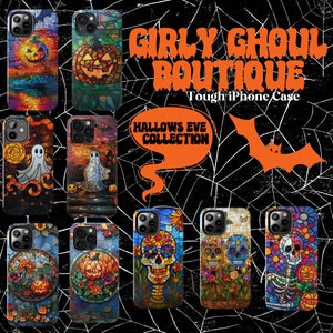 May include: A set of 10 colorful iPhone cases with a Halloween theme. The cases feature stained glass designs with various Halloween imagery, including pumpkins, ghosts, skulls, and skeletons. The text "Girly Ghoul Boutique" and "Hallowe's Eve Collection" is visible on the image.